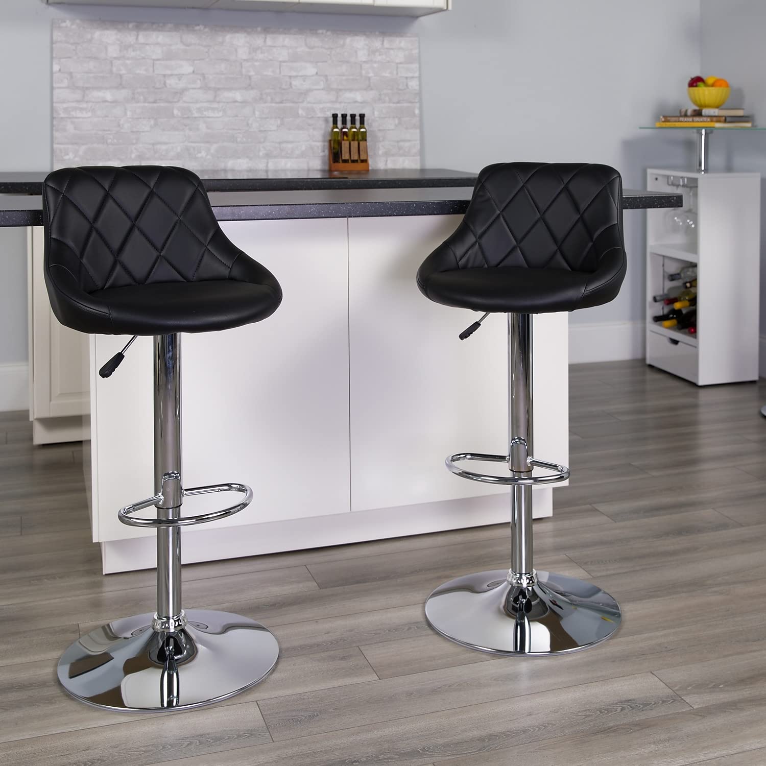 Flash Furniture Caldwell 2 Pack Contemporary Black Vinyl Bucket Seat Adjustable Height Barstool with Diamond Pattern Back and Chrome Base