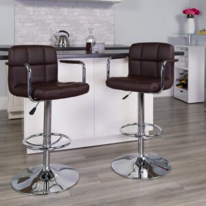 Flash Furniture Genna Adjustable Bar Stools | Set of 2 Brown Counter Height Barstools with Back and Armrest