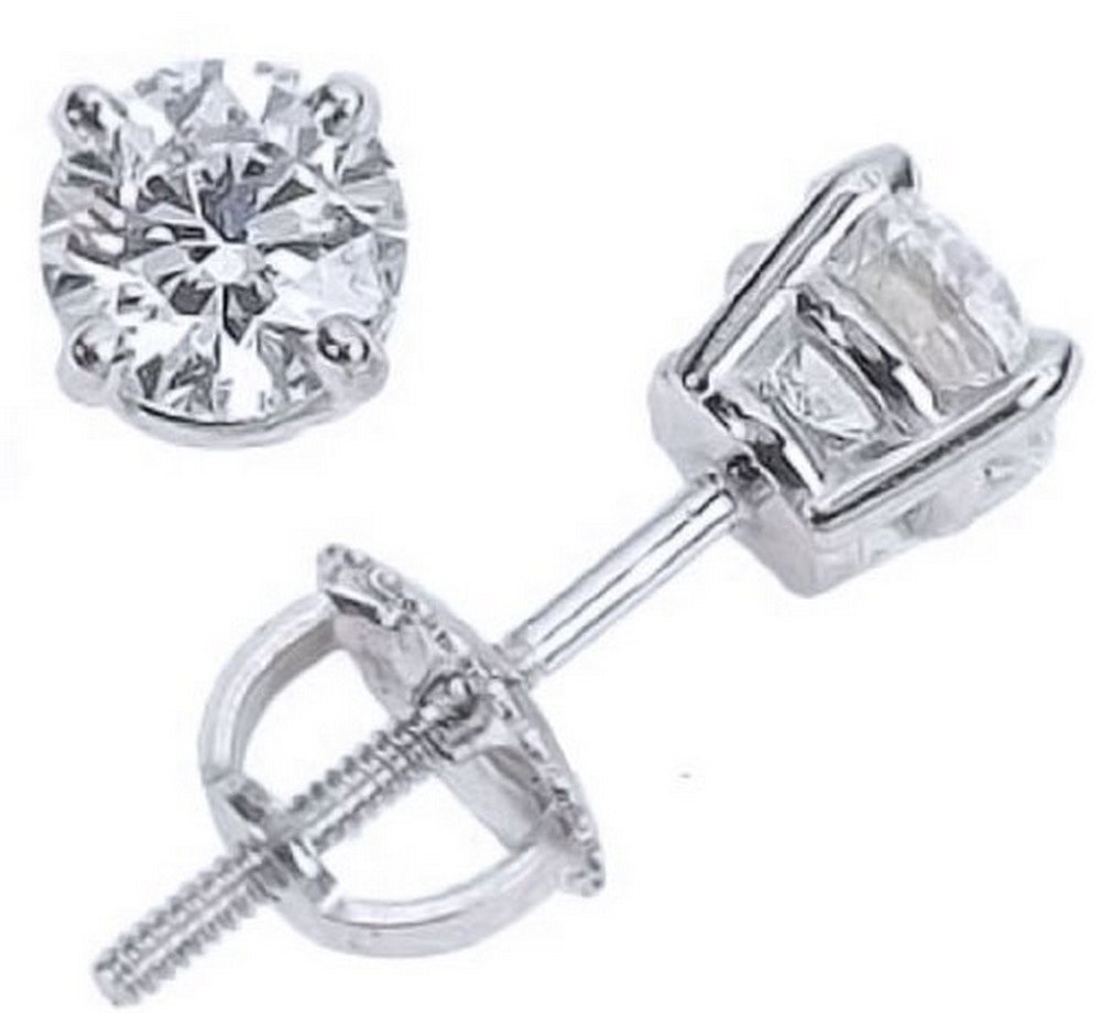 Houston Diamond District 1/2 Carat Solitaire Diamond Stud Earrings 14K White Gold Round Brilliant Shape 4 Prong Screw Back (H-I Color, I2 Clarity)