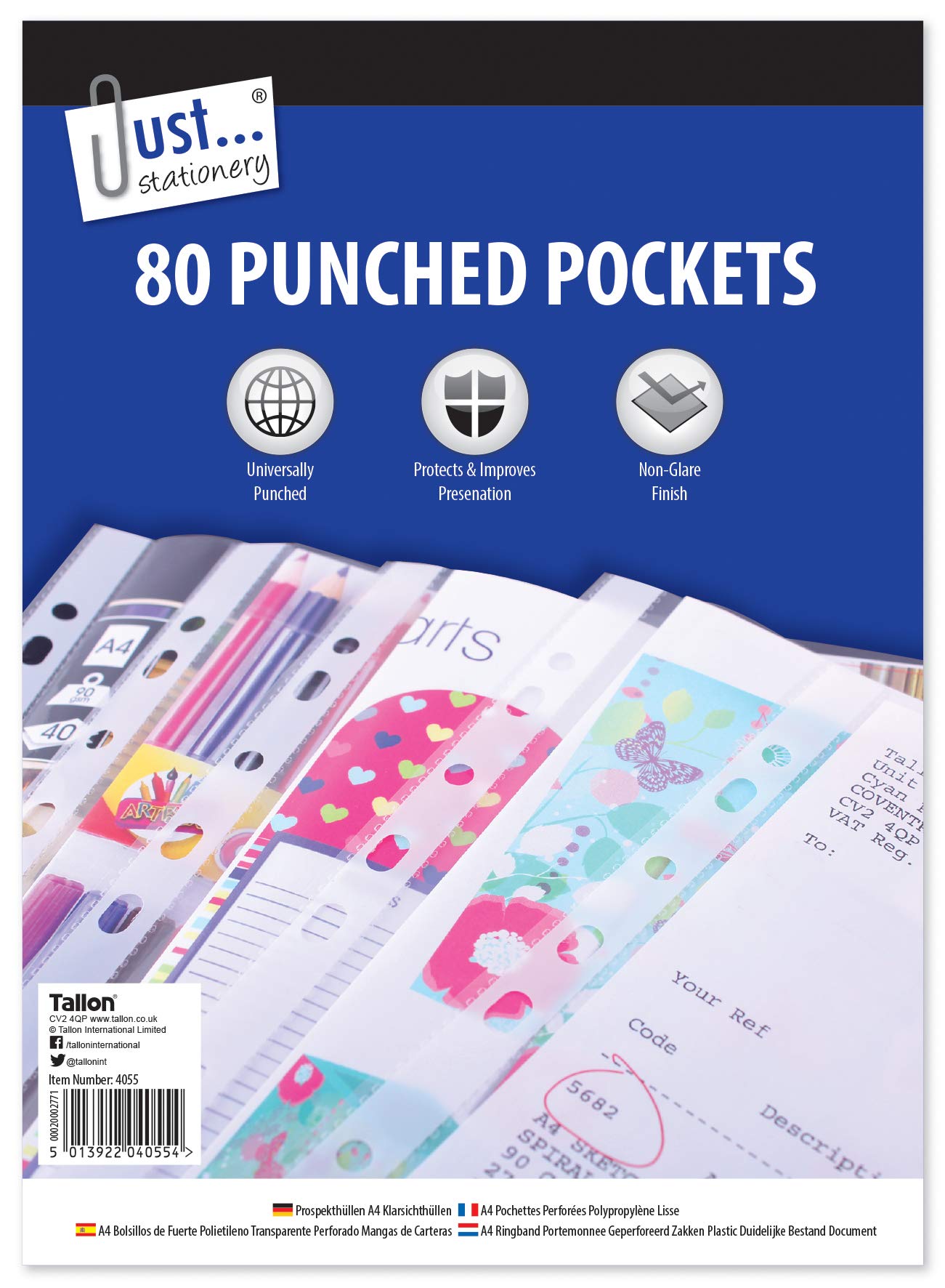 Just stationery 80 Clear Plastic Punched Pocket 4055