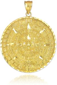 10k yellow gold aztec mayan calendar pendant charm, 1" diameter