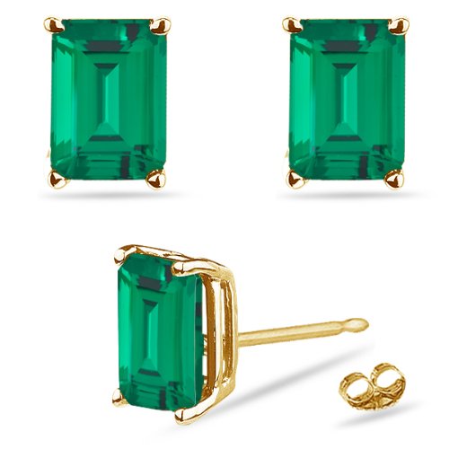 Lab Created Emerald Cut Emerald Stud Earrings in 14K Yellow Gold Availabe in 5x3mm - 9x7mm (9x7mm - 4.10-4.90 Cts)