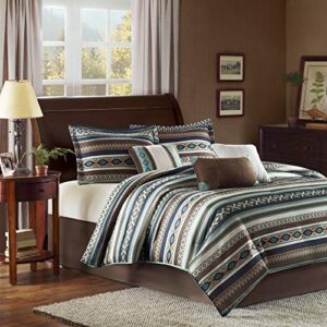 Madison Park Cozy Comforter Set - Rustic Southwestern Style, All Season Down Alternative Casual Bedding, Matching Shams, Decorative Pillows, Malone, Ikat Blue Queen(90"x90") 7 Piece