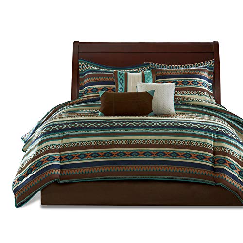 Madison Park Cozy Comforter Set - Rustic Southwestern Style, All Season Down Alternative Casual Bedding, Matching Shams, Decorative Pillows, Malone, Ikat Blue Queen(90"x90") 7 Piece