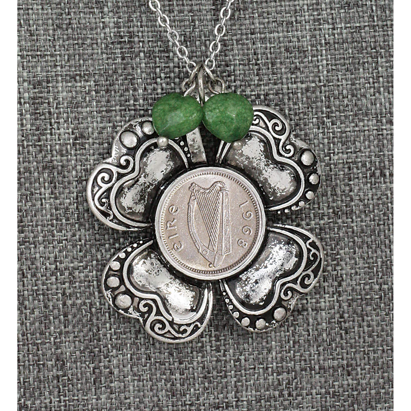 American Coin Treasures Irish Threepence Four Leaf Clover and Green Heart Charm Pendant