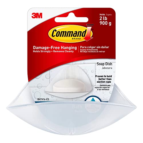 Command Plastic, Holds, 1 Bath Soap Dish with Water-Resistant Adhesive, 2 lb Capacity, 2 Strips, BATH14-ES, Clear Frosted