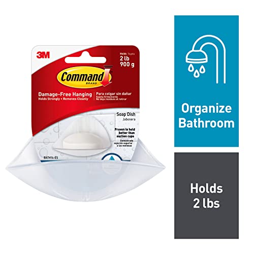 Command Plastic, Holds, 1 Bath Soap Dish with Water-Resistant Adhesive, 2 lb Capacity, 2 Strips, BATH14-ES, Clear Frosted