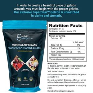 SuperClear Gelatin Powder (Grenetine) - 300 Bloom Food Grade Gelatin for Cake Art, Dessert Molds - Edible, Unflavored, Ko Kosher - 2 lb. Resealable Pouch