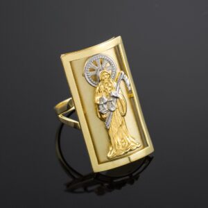 Religious Jewelry 14k Gold Long Santa Muerte Shield Ring (12.7 x 22.8 mm) (White-and-yellow-gold, 7)