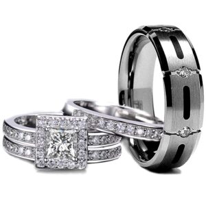 4 pc his and her wedding ring set - wedding rings - wedding ring - engagement ring - cubic zirconia wedding sets - cz engagement rings - wedding ring sets (size his 08, hers 09)