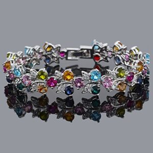 RIZILIA Tennis Bracelet & Round Cut CZ [Multi-color Cubic Zirconia] in White Gold Plated, 7"