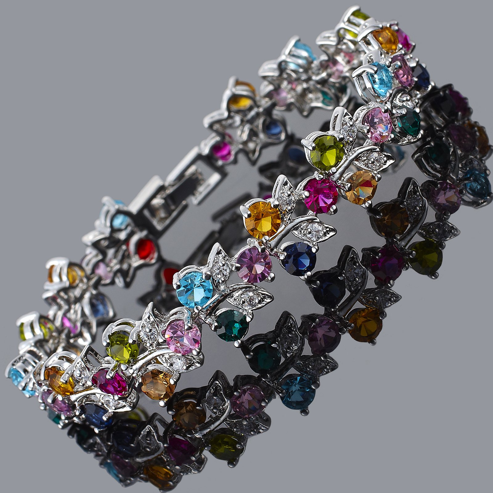 RIZILIA Tennis Bracelet & Round Cut CZ [Multi-color Cubic Zirconia] in White Gold Plated, 7"