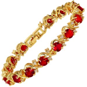 rizilia blossom tennis bracelet & round cut cz [simulated red ruby] in yellow gold plated, 7"