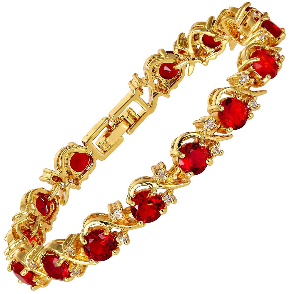 RIZILIA BLOSSOM Tennis Bracelet & Round Cut CZ [Simulated Red Ruby] in Yellow Gold Plated, 7"