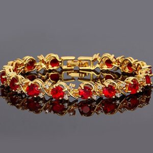 RIZILIA BLOSSOM Tennis Bracelet & Round Cut CZ [Simulated Red Ruby] in Yellow Gold Plated, 7"