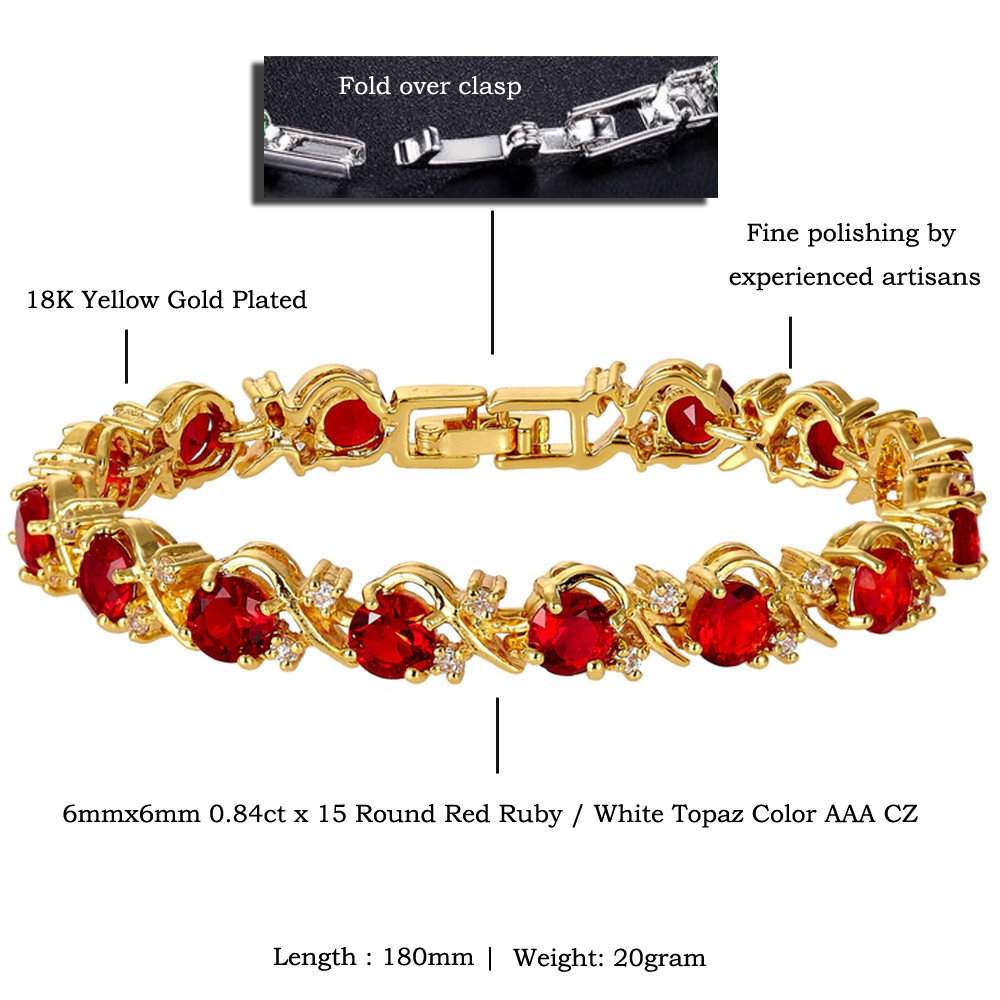 RIZILIA BLOSSOM Tennis Bracelet & Round Cut CZ [Simulated Red Ruby] in Yellow Gold Plated, 7"