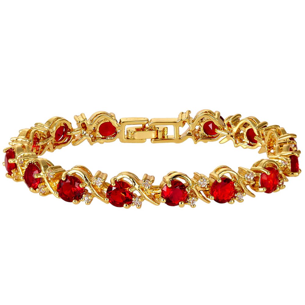 RIZILIA BLOSSOM Tennis Bracelet & Round Cut CZ [Simulated Red Ruby] in Yellow Gold Plated, 7"