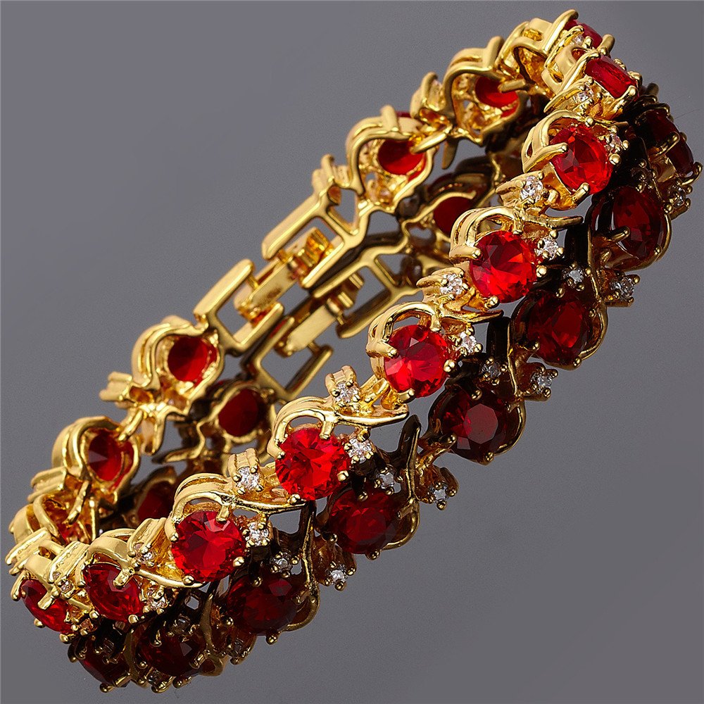 RIZILIA BLOSSOM Tennis Bracelet & Round Cut CZ [Simulated Red Ruby] in Yellow Gold Plated, 7"