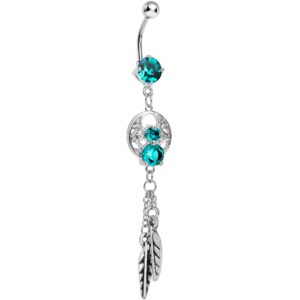 body candy women's stainless steel enchanting blue green dangle dreamcatcher belly body piercing ring, one size