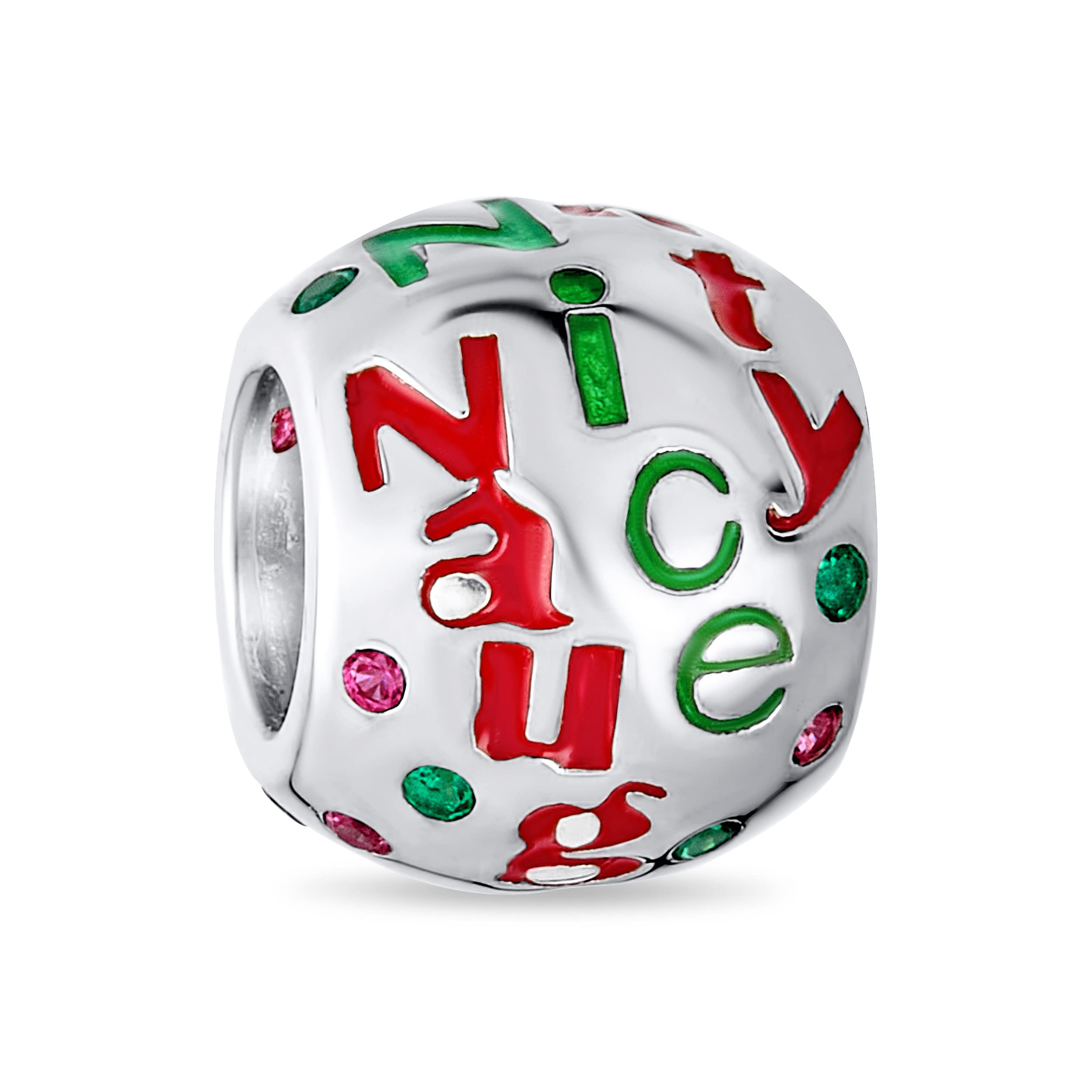 Bling Jewelry Red Green Words Naughty Nice Christmas Holiday Crystal Spacer Bead .925 Sterling Silver Core Fits European Charm Bracelet For Women Teens