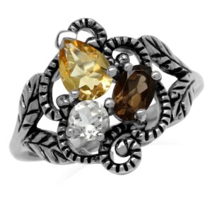 Silvershake Citrine Smoky Quartz and White Topaz 925 Sterling Silver Vintage Style Leaf Ring Size 10