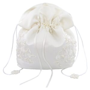 satin bridal wedding small money bag with pearl-embellished floral lace for dollar dance, bridal purse, and other special occasions #e1dedbiv (ivory)