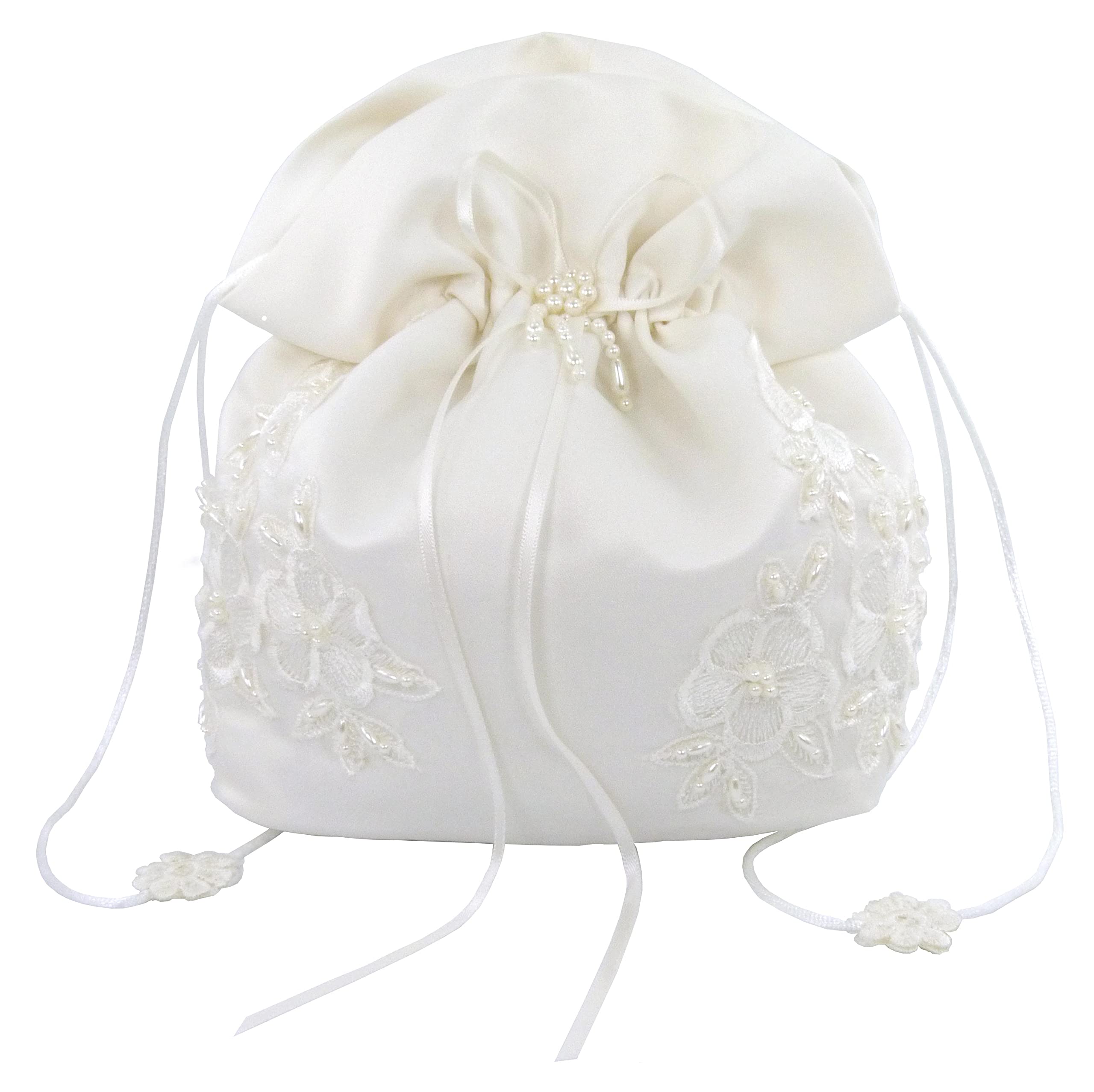 Satin Bridal Wedding Small Money Bag with Pearl-Embellished Floral Lace for Dollar Dance, Bridal Purse, and Other Special Occasions #E1DEDBiv (IVORY)