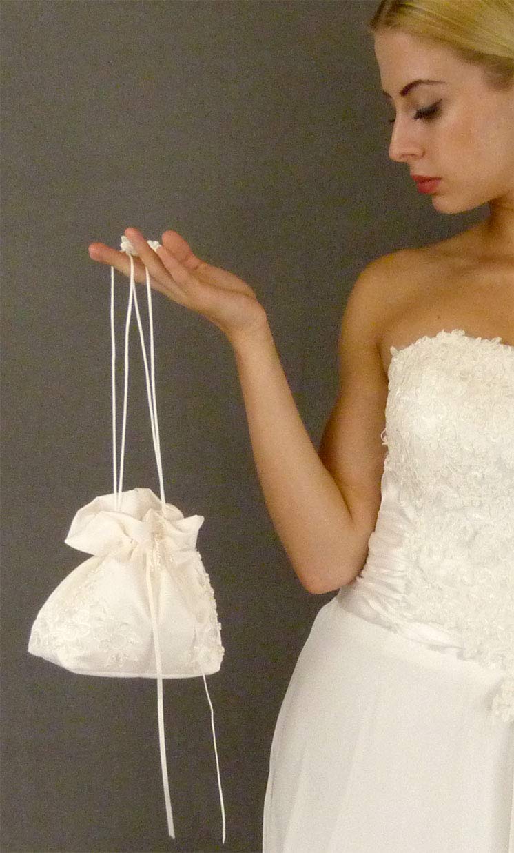 Satin Bridal Wedding Small Money Bag with Pearl-Embellished Floral Lace for Dollar Dance, Bridal Purse, and Other Special Occasions #E1DEDBiv (IVORY)