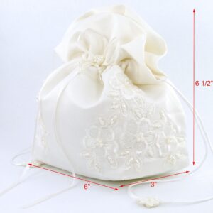 Satin Bridal Wedding Small Money Bag with Pearl-Embellished Floral Lace for Dollar Dance, Bridal Purse, and Other Special Occasions #E1DEDBiv (IVORY)