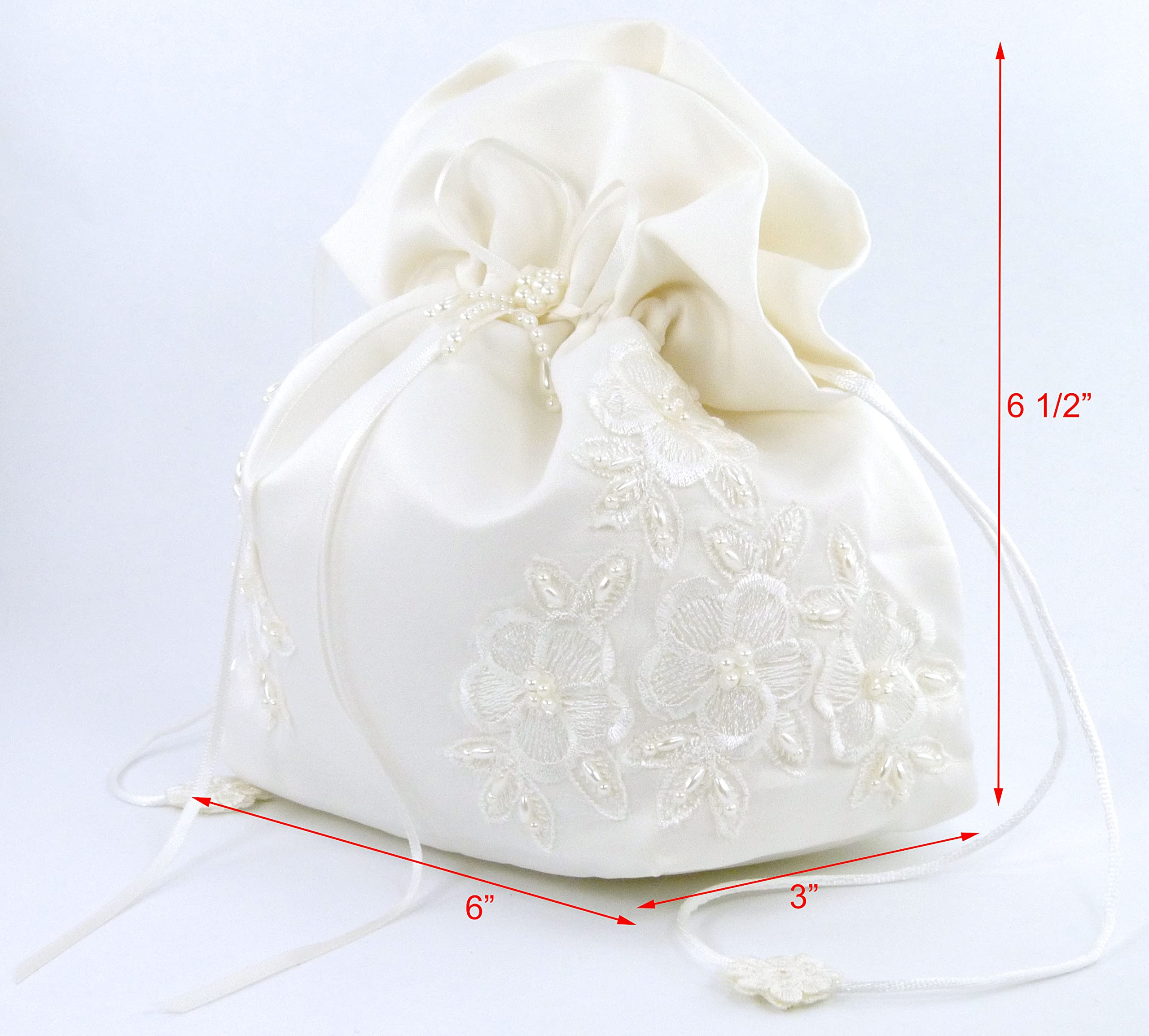 Satin Bridal Wedding Small Money Bag with Pearl-Embellished Floral Lace for Dollar Dance, Bridal Purse, and Other Special Occasions #E1DEDBiv (IVORY)