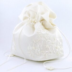 Satin Bridal Wedding Small Money Bag with Pearl-Embellished Floral Lace for Dollar Dance, Bridal Purse, and Other Special Occasions #E1DEDBiv (IVORY)