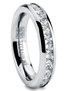 metal masters 3mm high polish princess cut ladies eternity titanium ring wedding band with cubic zirconia cz size 7