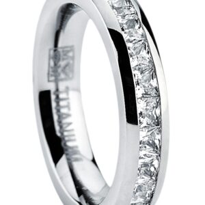 Metal Masters 3MM High Polish Princess Cut Ladies Eternity Titanium Ring Wedding Band with Cubic Zirconia CZ Size 7