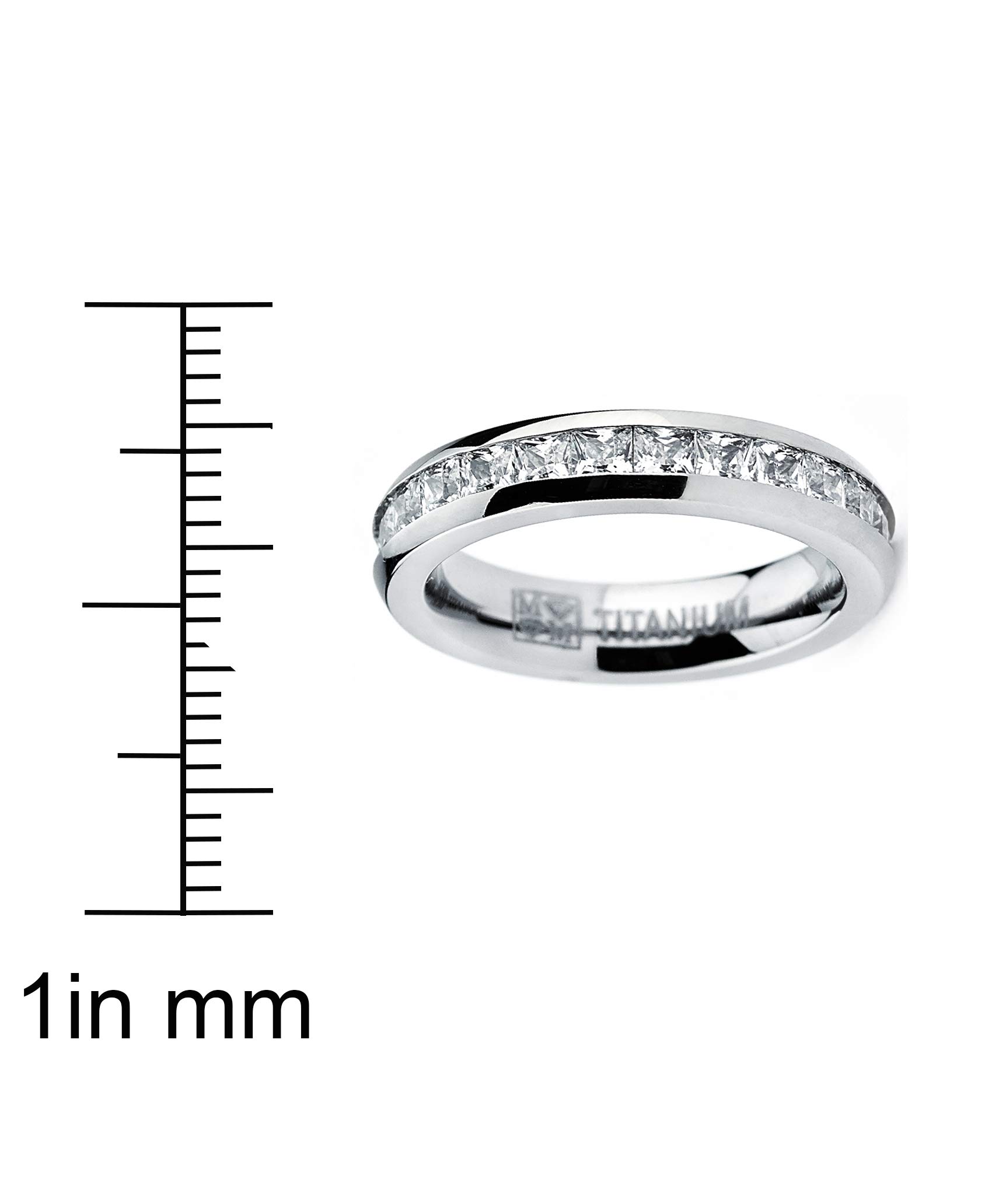 Metal Masters 3MM High Polish Princess Cut Ladies Eternity Titanium Ring Wedding Band with Cubic Zirconia CZ Size 7