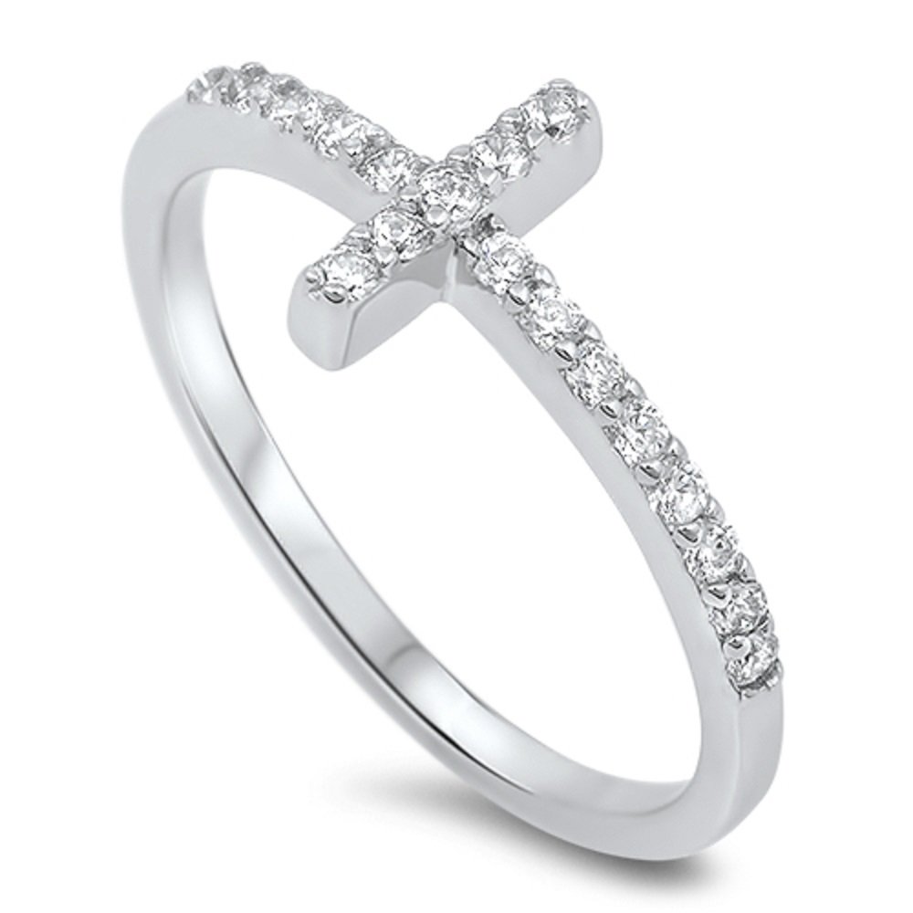 CloseoutWarehouse Cubic Zirconia Christian Sideway Cross Ring Sterling Silver Size 10