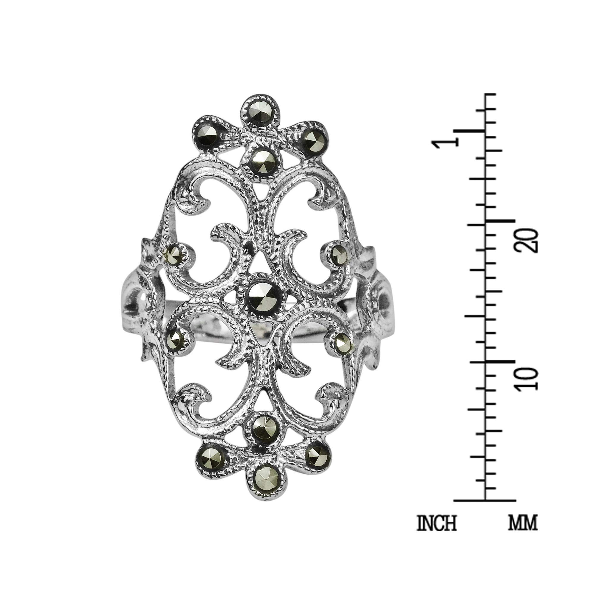 AeraVida Vintage Inspired Swirling Filigree Sterling Silver & Marcasite Ornate Statement Ring Size 6 for Classic & Elegant Style with a Unique Victorian Era Vibe