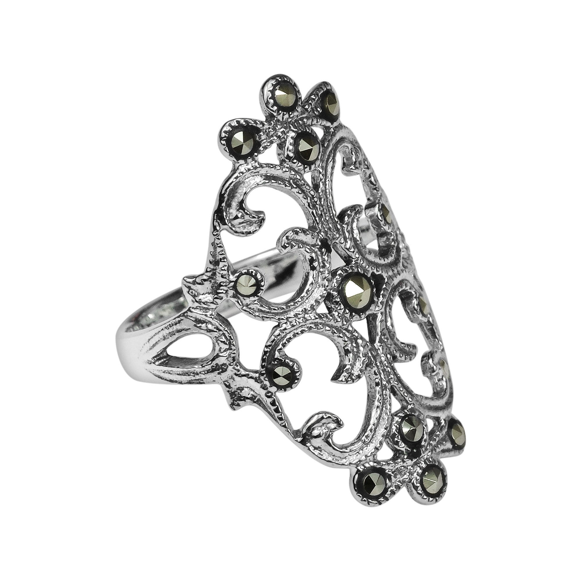 AeraVida Vintage Inspired Swirling Filigree Sterling Silver & Marcasite Ornate Statement Ring Size 6 for Classic & Elegant Style with a Unique Victorian Era Vibe