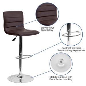 Flash Furniture Vincent Modern Brown Vinyl Adjustable Bar Stool with Back, Swivel Stool with Chrome-Pedestal Base and Footrest