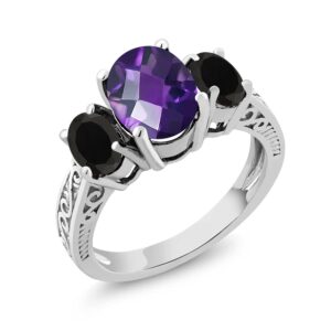 gem stone king 925 sterling silver purple amethyst and black onyx 3-stone ring for women (2.38 cttw, gemstone birthstone, available in size 5, 6, 7, 8, 9)