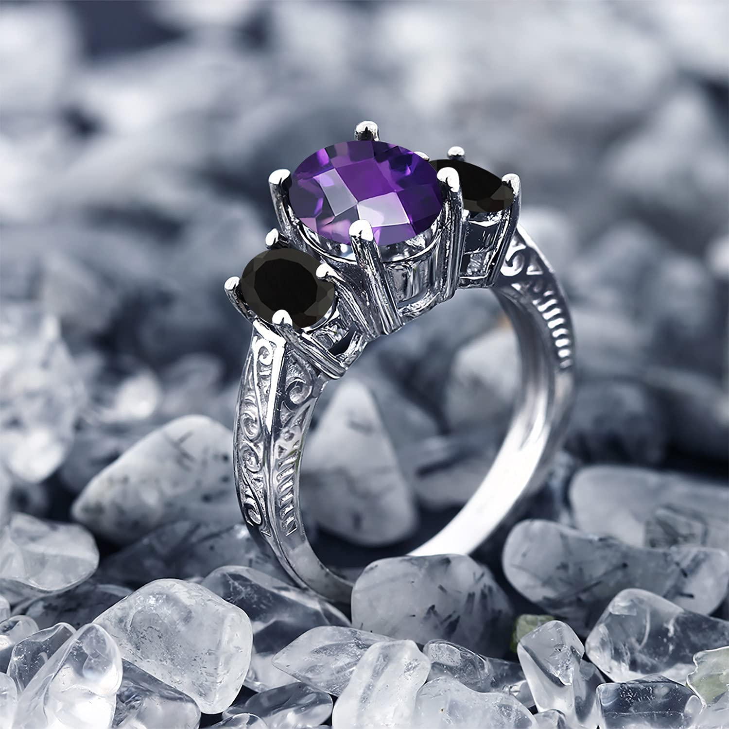 Gem Stone King 925 Sterling Silver Purple Amethyst and Black Onyx 3-Stone Ring For Women (2.38 Cttw, Gemstone Birthstone, Available in size 5, 6, 7, 8, 9)