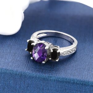 Gem Stone King 925 Sterling Silver Purple Amethyst and Black Onyx 3-Stone Ring For Women (2.38 Cttw, Gemstone Birthstone, Available in size 5, 6, 7, 8, 9)