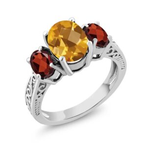 Gem Stone King 925 Sterling Silver Oval Checkerboard Yellow Citrine and Red Garnet 3-Stone Women Ring (2.70 Cttw, Gemstone Birthstone, Available In Size 5, 6, 7, 8, 9)