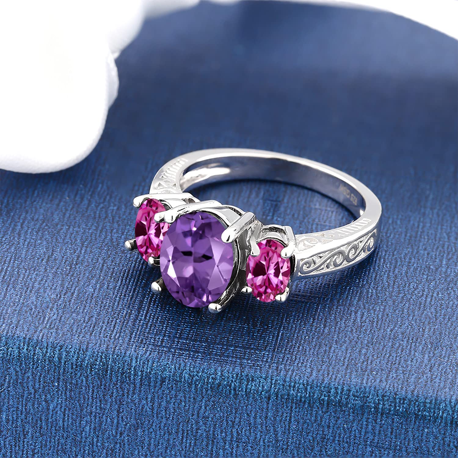 Gem Stone King 925 Sterling Silver Purple Amethyst and Pink Created Sapphire 3-Stone Ring For Women (2.86 Cttw, Gemstone Birthstone, Available In Size 5, 6, 7, 8, 9)