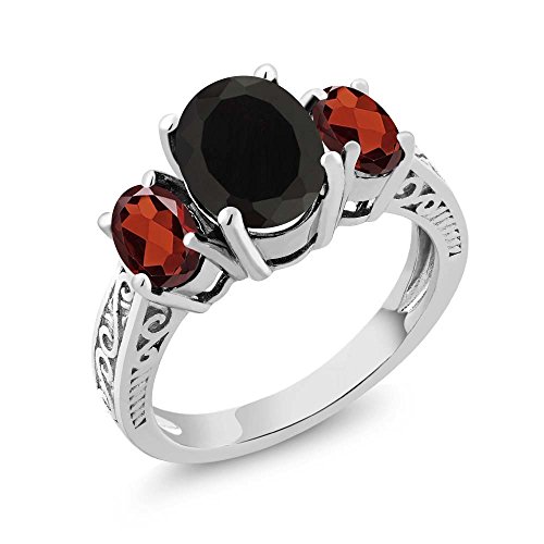 Gem Stone King 925 Sterling Silver Black Onyx and Red Garnet 3 Stone Ring For Women (2.73 Cttw, Gemstone Birthstone, Available In Size 5, 6, 7, 8, 9)