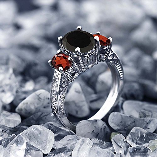 Gem Stone King 925 Sterling Silver Black Onyx and Red Garnet 3 Stone Ring For Women (2.73 Cttw, Gemstone Birthstone, Available In Size 5, 6, 7, 8, 9)