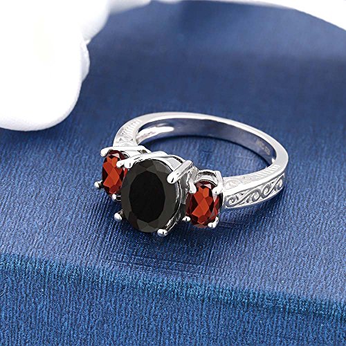 Gem Stone King 925 Sterling Silver Black Onyx and Red Garnet 3 Stone Ring For Women (2.73 Cttw, Gemstone Birthstone, Available In Size 5, 6, 7, 8, 9)