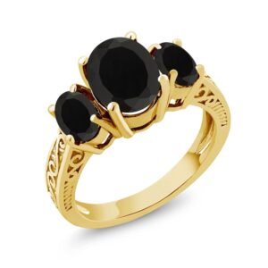 Gem Stone King 18K Yellow Gold Plated Silver Black Onyx 3 Stone Ring For Women (2.41 Cttw, Gemstone Birthstone, Available In Size 5, 6, 7, 8, 9)