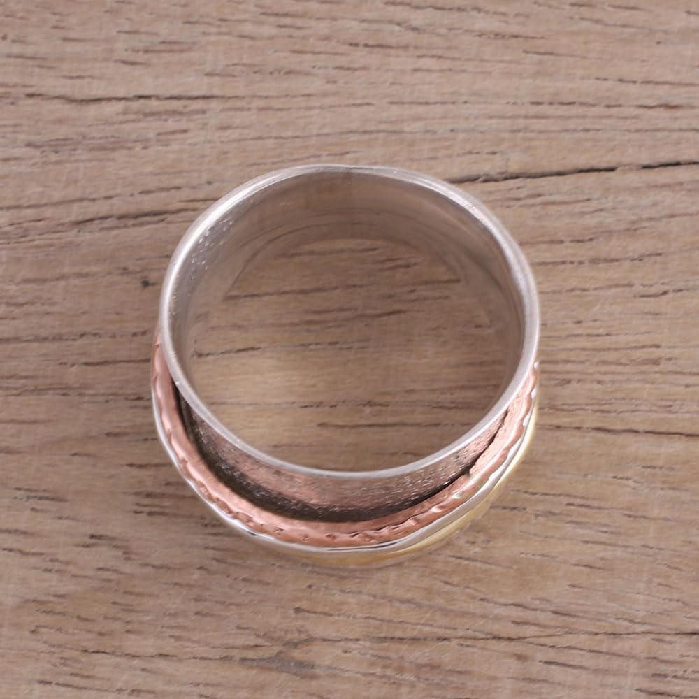 NOVICA Artisan Handmade Sterling Silver Meditation Spinner Ring India with Copper Brass No Stone Metallic Band [band Width 10 mm W] ' Stylish Textures'