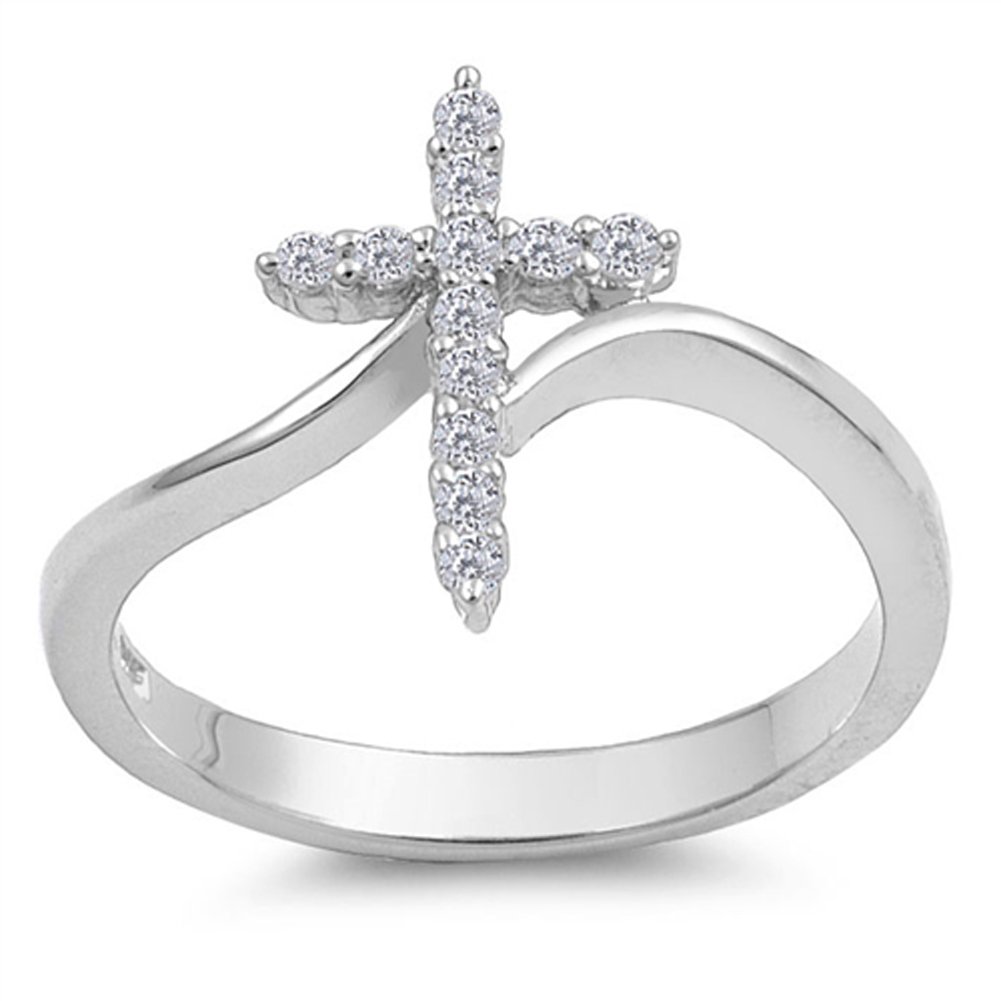 Sterling Silver Women's Clear CZ Cross Ring Unique 925 Band 15mm New Size 7