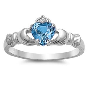 sterling silver women's simulated aquamarine irish claddagh size 8